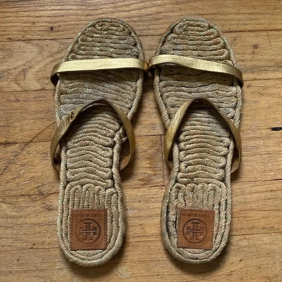 Tory Burch Two Band Flat Espadrille Slide Metallic Gold with Dustbag 9.5 - Picture 2 of 13